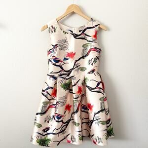 O&Y | Bird Print Box Pleat Pleating Dress High Neck Party Formal Gown | Medium